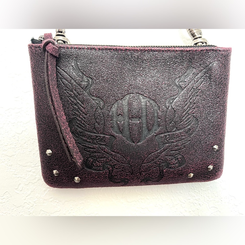 HD BIKER BAG all leather deep purple black distressed studded convertible bag - Picture 3 of 13